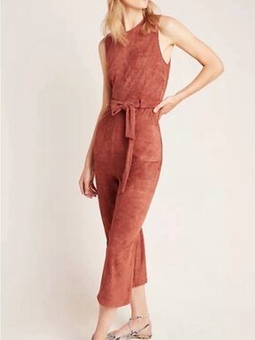 Anthropologie Rust Suede-Look Sleeveless Tie-Waist Jumpsuit